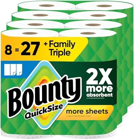 Bounty Quick-Size Paper Towels, White, 8 Family Triple Rolls = 27 Regular Rolls