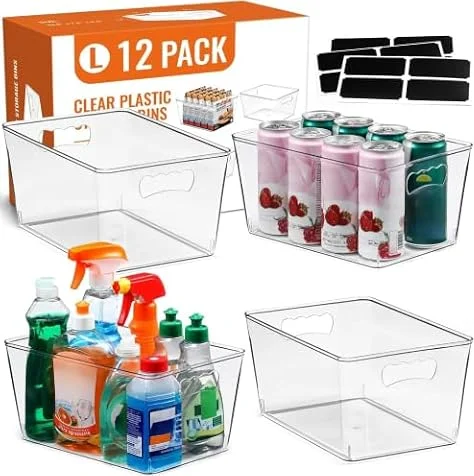 12 Pack LARGE Multi-Use Clear Storage Bins, Pantry Kitchen Organizer Bins | Thicker & Larger, BPA Free, 12 Labels - Plastic Storage Containers for Home, Fridge, Cabinet, Closet, Shelf, RV Organization