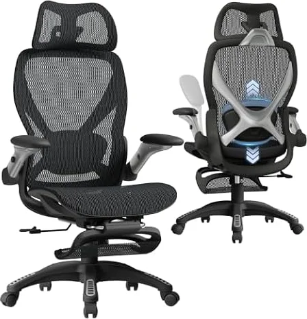 ELABEST X100 Ergonomic Mesh Office Chair with Footrest, Big and Tall Hone Desk Chair with 5D Flip-Up Arms, Adjustable 3D Lumbar Support,Gaming & Executive Computer Chairs