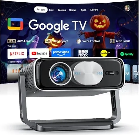Smart 4K Projector [Bundled with Google TV Stick] with WiFi and Bluetooth, 3000ANSI, Auto Lens Cap, Portable Outdoor Movie Projector with Built-in Apps Auto Focus for Ceiling/Home Theater/Bedroom