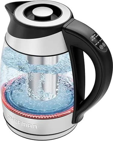 Chefman Electric Kettle with Temperature Control, 5 Presets LED Indicator Lights, Removable Tea Infuser, Glass Tea Kettle & Hot Water Boiler, 360° Swivel Base, BPA Free, Stainless Steel, 1.8 Liters