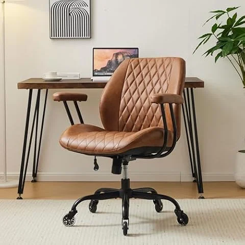 YFO Home Office Desk Chair Office Rubber Casters Ergonomic Computer Chair with Lumbar Support Adjustable Height Rolling Swivel Executive Task Armrests Chair， Brown Leather