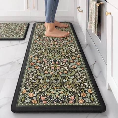 Collive Kitchen Mats for Floor, Kitchen Rugs Sets of 2 Non Slip Washable | Kitchen Mats Cushioned Anti Fatigue 2 Piece, Black Sink Rug Waterproof Laundry Room Rug, Comfort Standing Desk Mat for Office