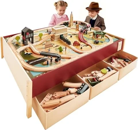 Tiny Land Large Wooden Train Table (47.9”x35.2”) with 104PCS Train Set | Activity Playset for Kids Ages 3+ with 3 Storage Bins, Vintage 1920s Train Town with Authentic Sounds & Interactive Play