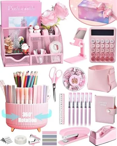 LXEVIHK Pink Desk Accessories 21-Piece Office Supplies Gift Set for Women | Desk organizers and accessories, office desk accessories, pink office supplies, desk organizer & more in a gift-ready box