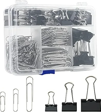 Assorted Size Binder Clips & Jumbo Paper Clips Set - 340pcs Black, Large for Office & School Supplies, in Container with Compartments