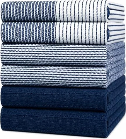 Premium Kitchen Towels 6 Pack 100% Cotton, 20"x28" Dish Towels - Navy Blue | Large Flat & Terry Kitchen Linen Set with Hanging Loops, Highly Absorbent for Washing and Drying Dishes