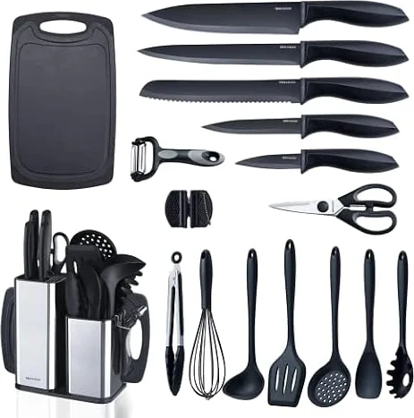 RAXCO Kitchen Utensils Set,18-Piece Cooking Utensils and Knife Set,Black