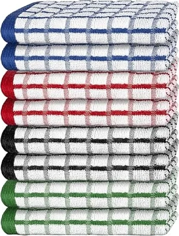 Premium Dish Towels for Kitchen, 8 Pack, 16x26 - Thick 410 GSM, Multicolor | 100% Cotton Kitchen Towels with Hanging Loop, Large, Durable and Ultra Absorbent Terry Cloth Kitchen Hand Towels