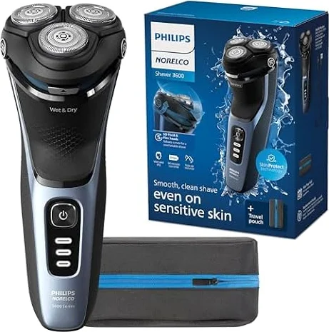 Philips Norelco 3600 Electric Shaver, Storm Blue | 27 Self Sharpening ComfortCut Blades, 5D Pivot & Flex Heads, Wet or Dry Use, Includes Travel Pouch, S3243/91