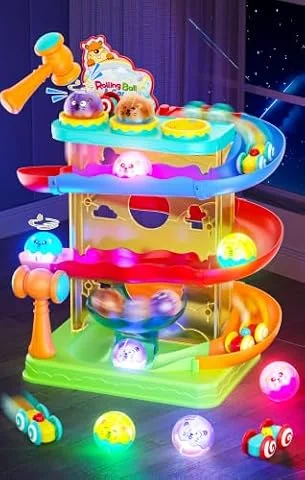 Stay Fun 2-IN-1 Ball Drop & Car Ramp Race Track Montessori Toy for Toddlers | Hammer Rolling Ball, Launch and Race Car-Cause and Effect Sensory STEM Learning Toys for 1-5 Year Old Boys & Girls