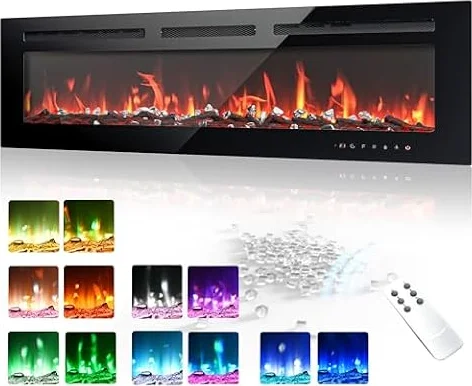 EUHOMY 50 Inch Electric Fireplace Recessed and Wall Mounted | Adjustable Flame Color, Remote Control, Timer, Touch Screen, Log and Crystal, 750W/1500W Fireplace Heater