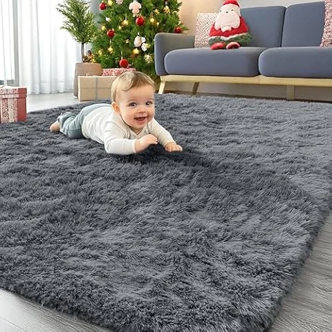 OLANLY Area Rugs for Living Room Bedroom, Machine Washable 4x5.9 ft Soft Fluffy Shaggy Bedside Rug, Indoor Floor Carpet for Kids Girls and Boys, Dorms, Nursery Rooms, Home Decor Aesthetic, Grey