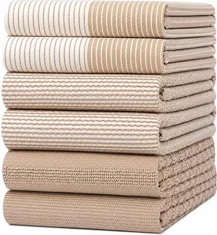 Premium Kitchen Towels 6 Pack 100% Cotton, 20"x28" Dish Towels - Tan